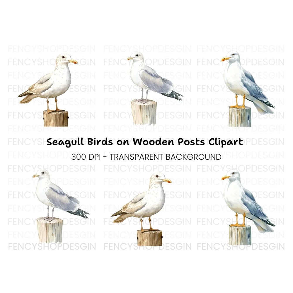 Seagulls on Wooden Posts Clipart Bundle