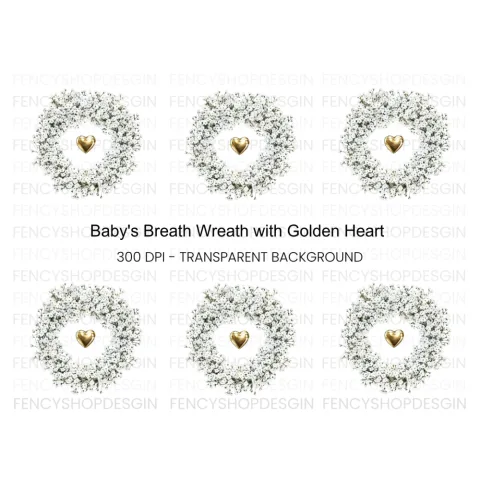 Baby Breath Wreath Gold Heart Clipart Bundle