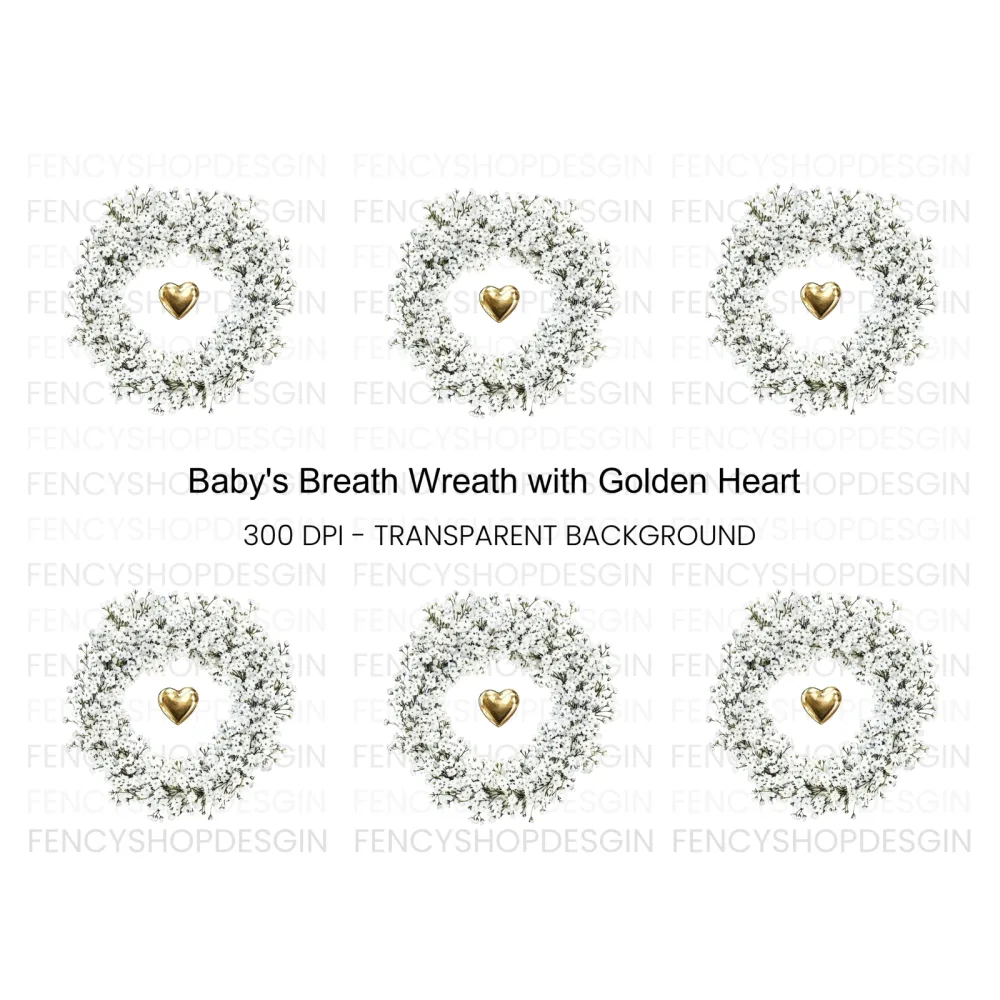 Baby Breath Wreath Gold Heart Clipart Bundle