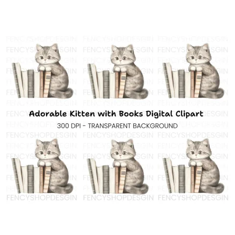 Cute Kitten with Books Clipart Bundle