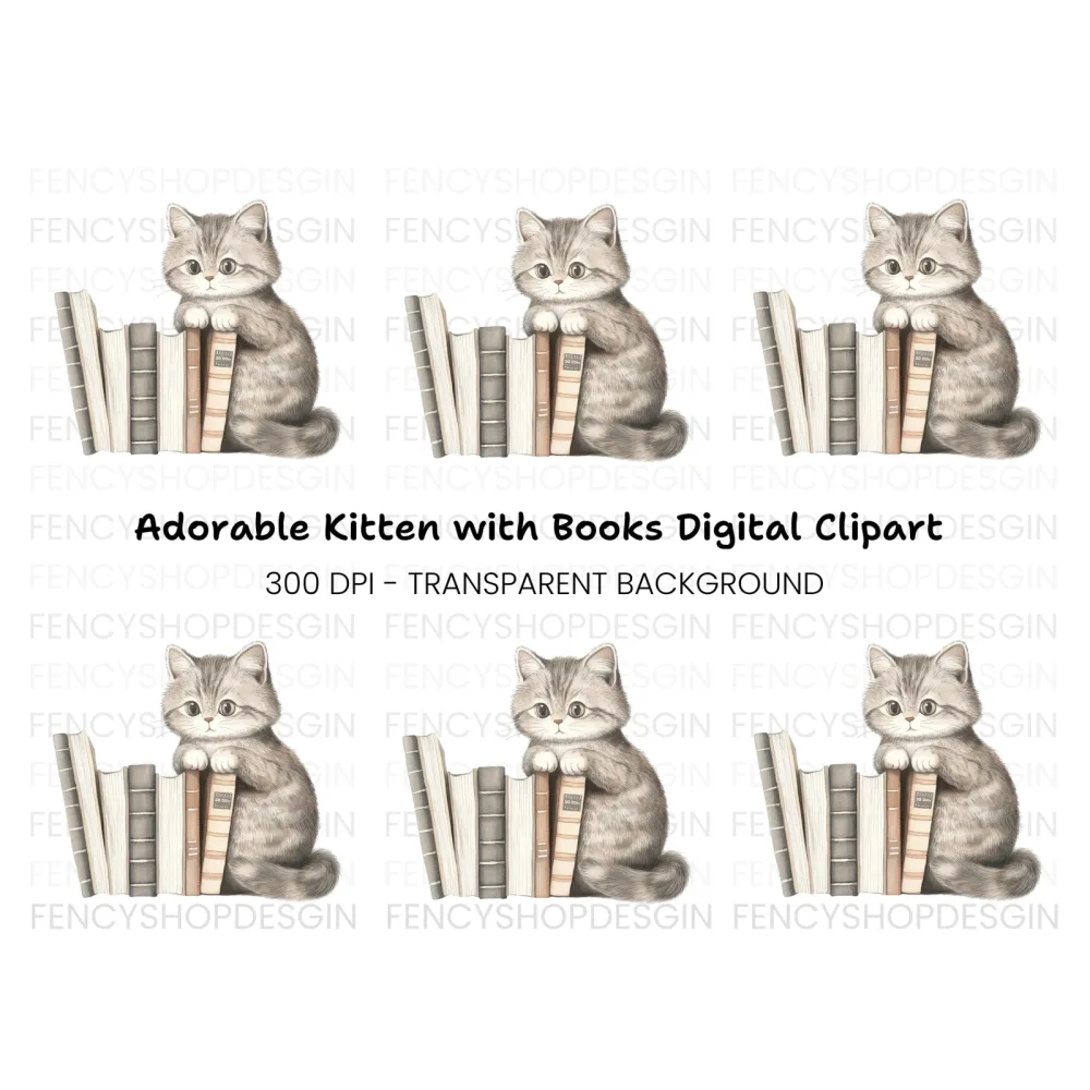 Cute Kitten with Books Clipart Bundle