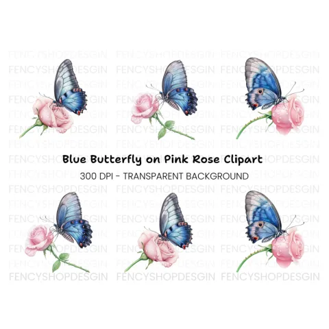 Blue Butterfly Pink Rose Clipart Bundle