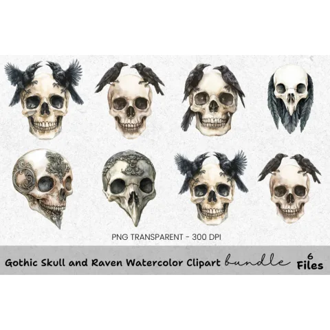 Gothic Skull and Raven Clipart Bundle