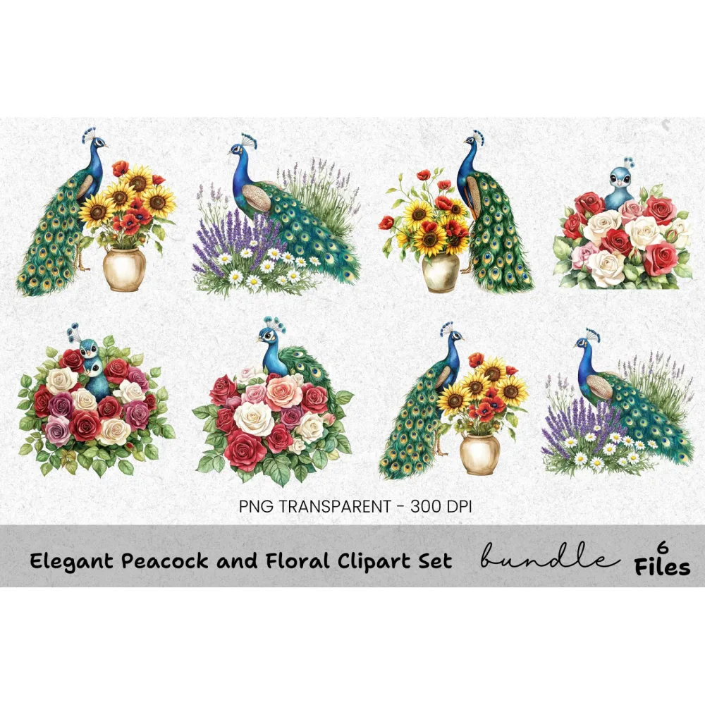 Elegant Peacock and Floral Clipart Bundle