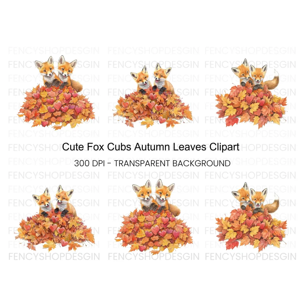 Cute Fox Cubs in Autumn Leaves Clipart Bundle