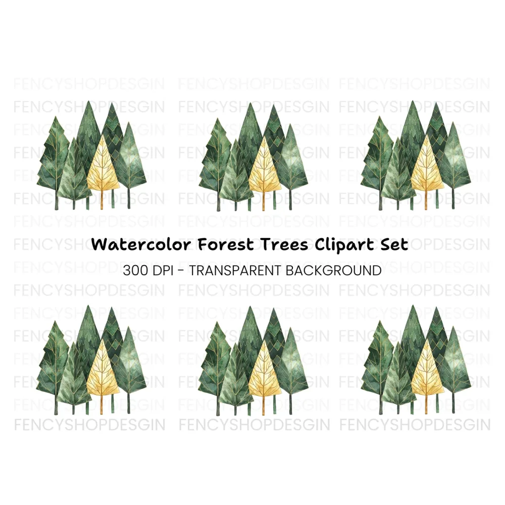 Geometric Gold and Green Forest Clipart Bundle