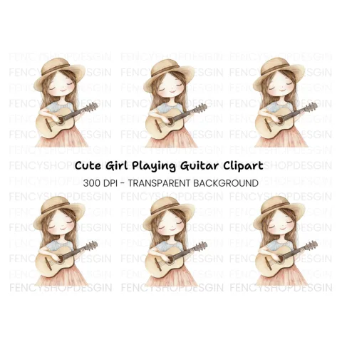 Cute Girl Playing Guitar Clipart Bundle