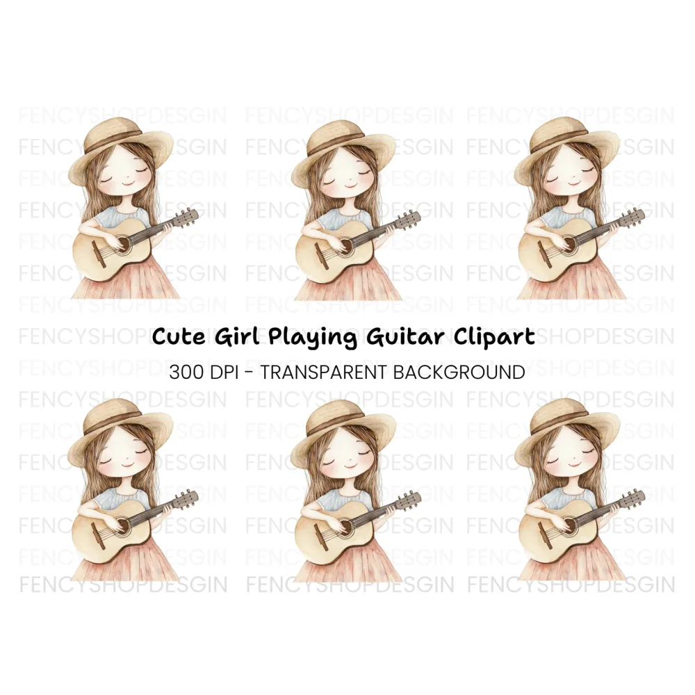 Cute Girl Playing Guitar Clipart Bundle