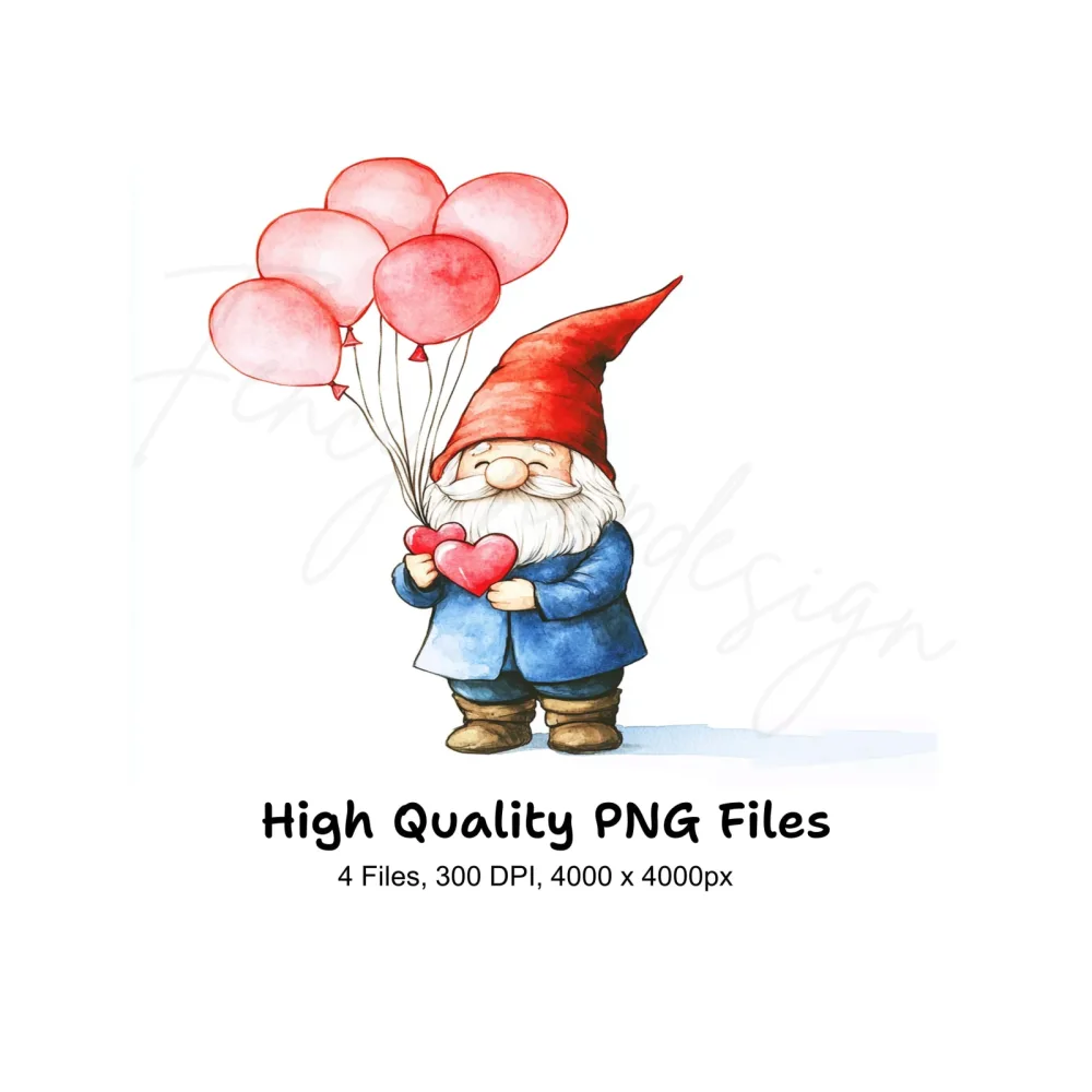 Cute Gnome with Heart Balloons Clipart Bundle