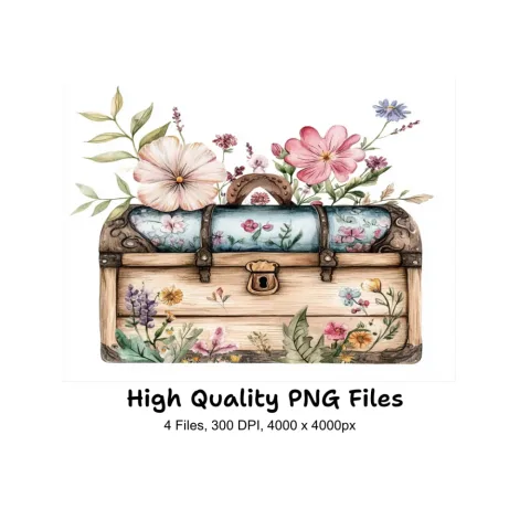 Vintage Treasure Chests with Flowers Clipart Bundle