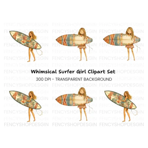 Surfer Girl with Patterned Board Clipart Bundle