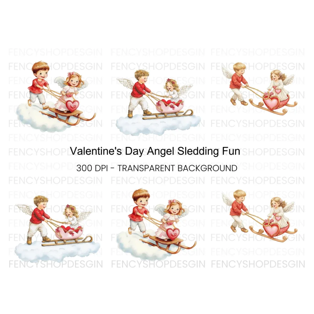 Cute Valentine Angels Sleigh Clipart Bundle