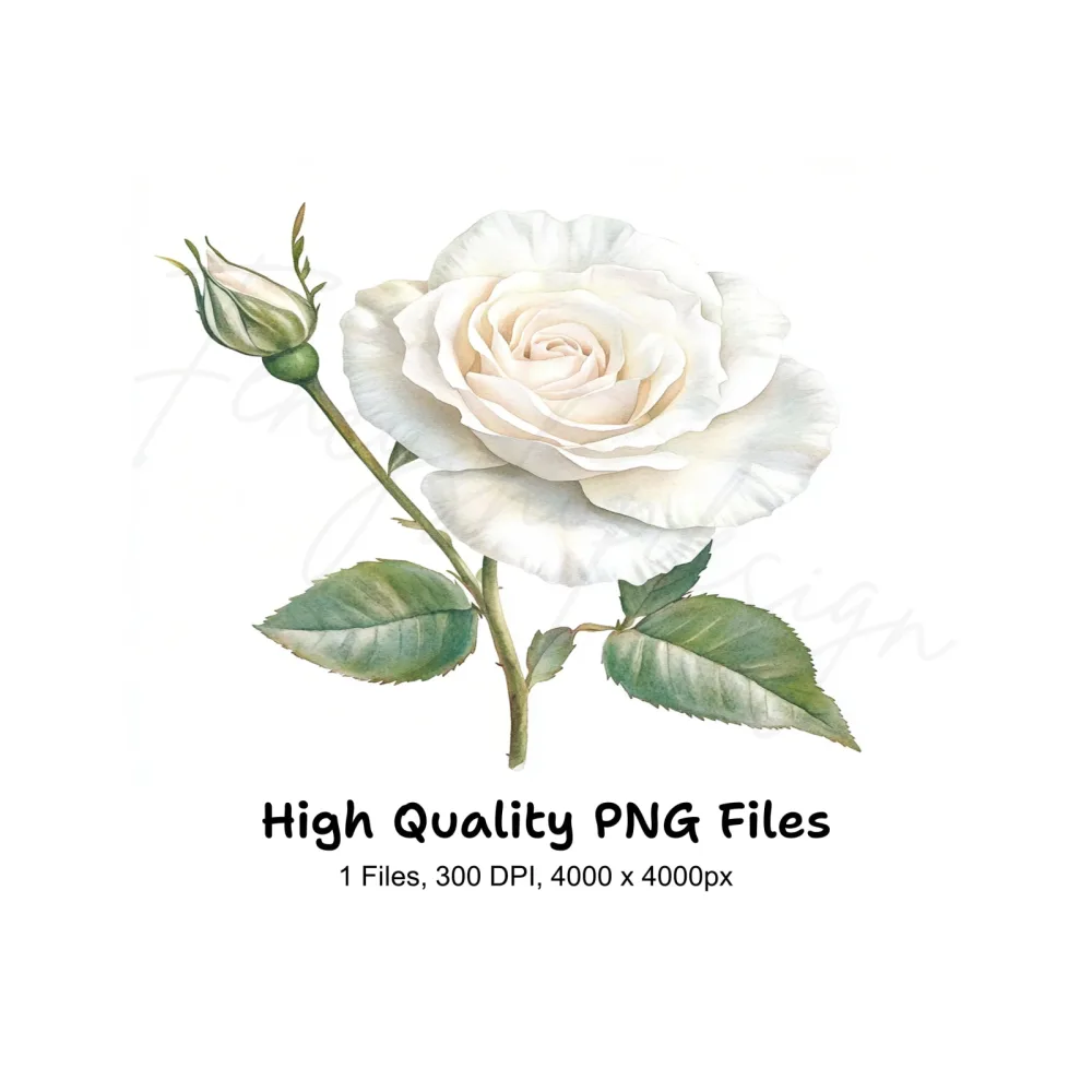 Single White Rose with Bud Clipart Bundle