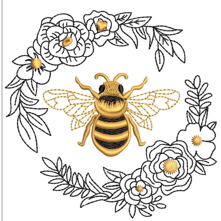 Bee With Flower Embroidery Design