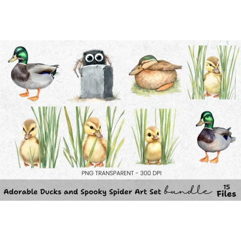 Adorable Ducks & Spooky Spider Clipart Bundle
