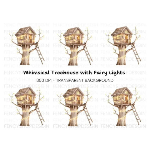 Cozy Treehouse with Glowing Lights Clipart Bundle