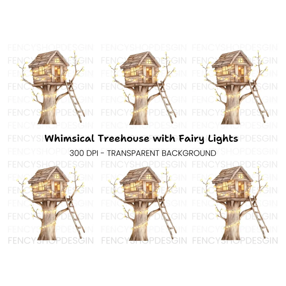 Cozy Treehouse with Glowing Lights Clipart Bundle