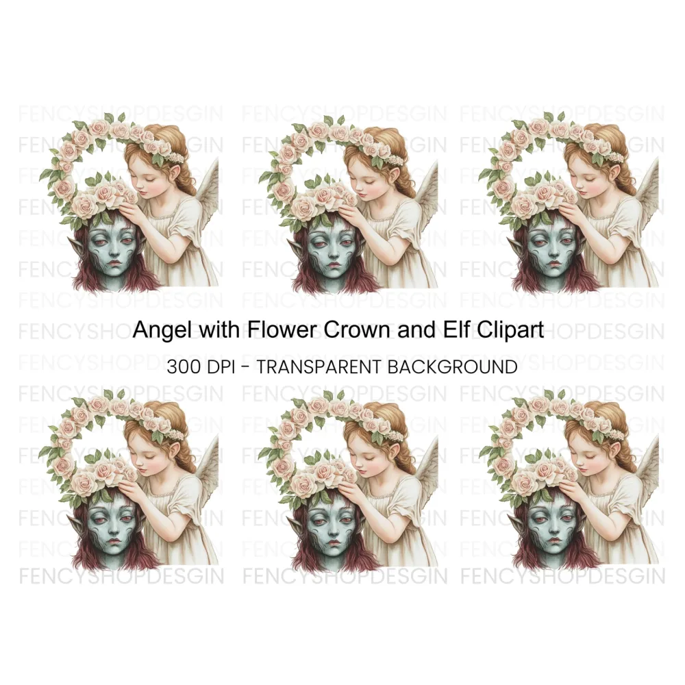 Angel and Elf with Flower Crown Clipart Bundle