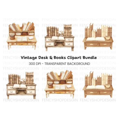 Vintage Desk and Book Clipart Bundle