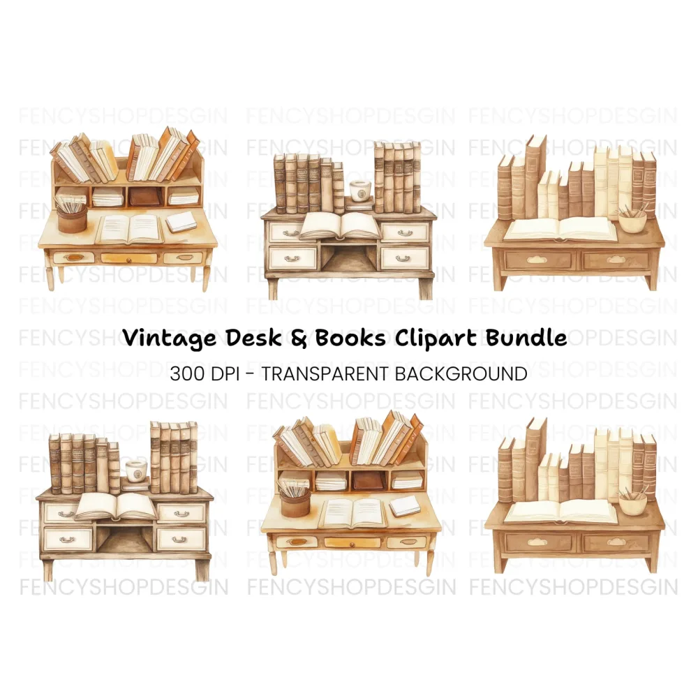 Vintage Desk and Book Clipart Bundle