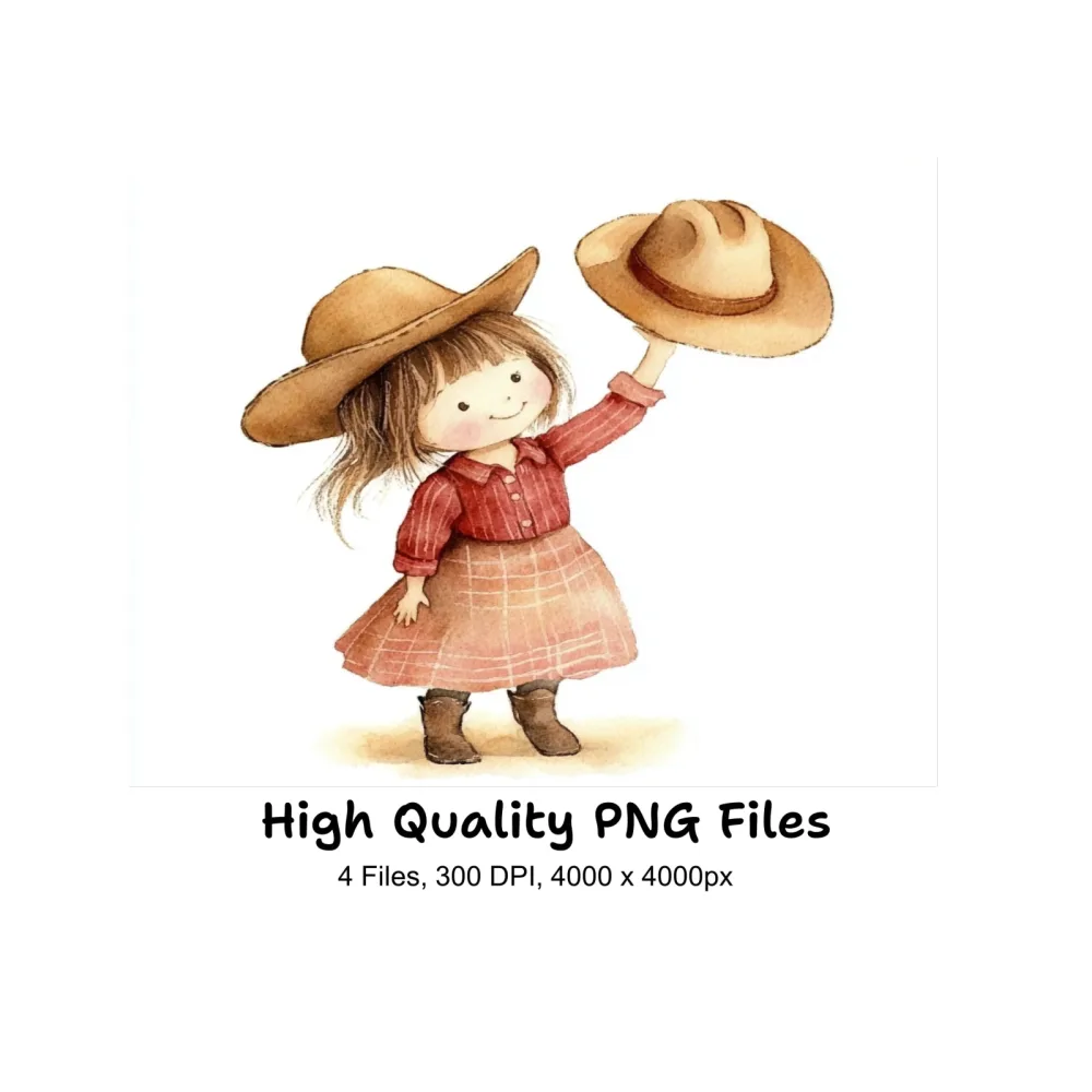 Happy Little Cowgirls with Hats Clipart Bundle