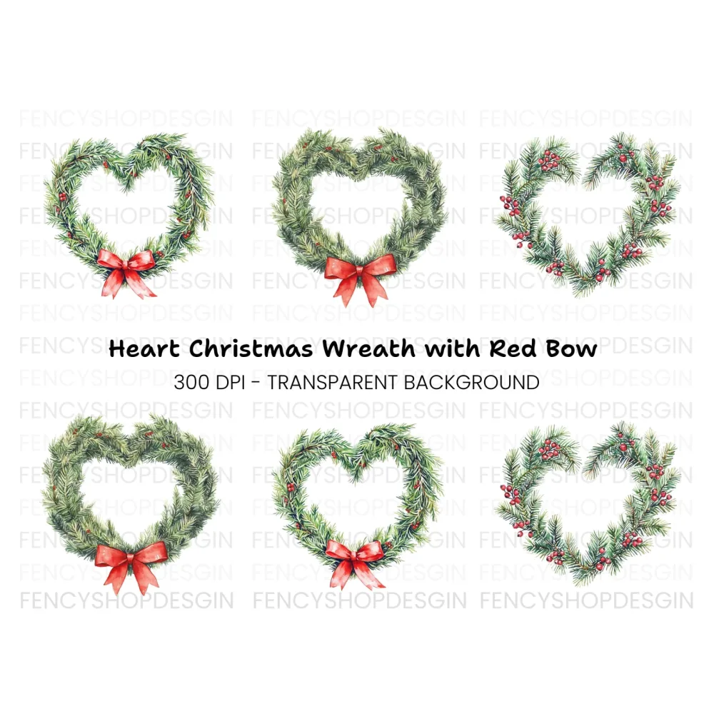 Christmas Heart Wreaths Clipart Bundle