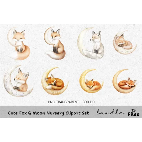 Cute Fox Moon Nursery Clipart Bundle