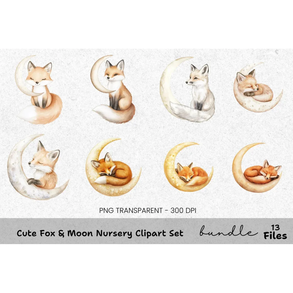 Cute Fox Moon Nursery Clipart Bundle