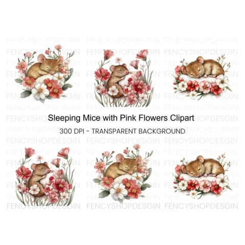 Sleeping Mice with Floral Arrangements Clipart Bundle