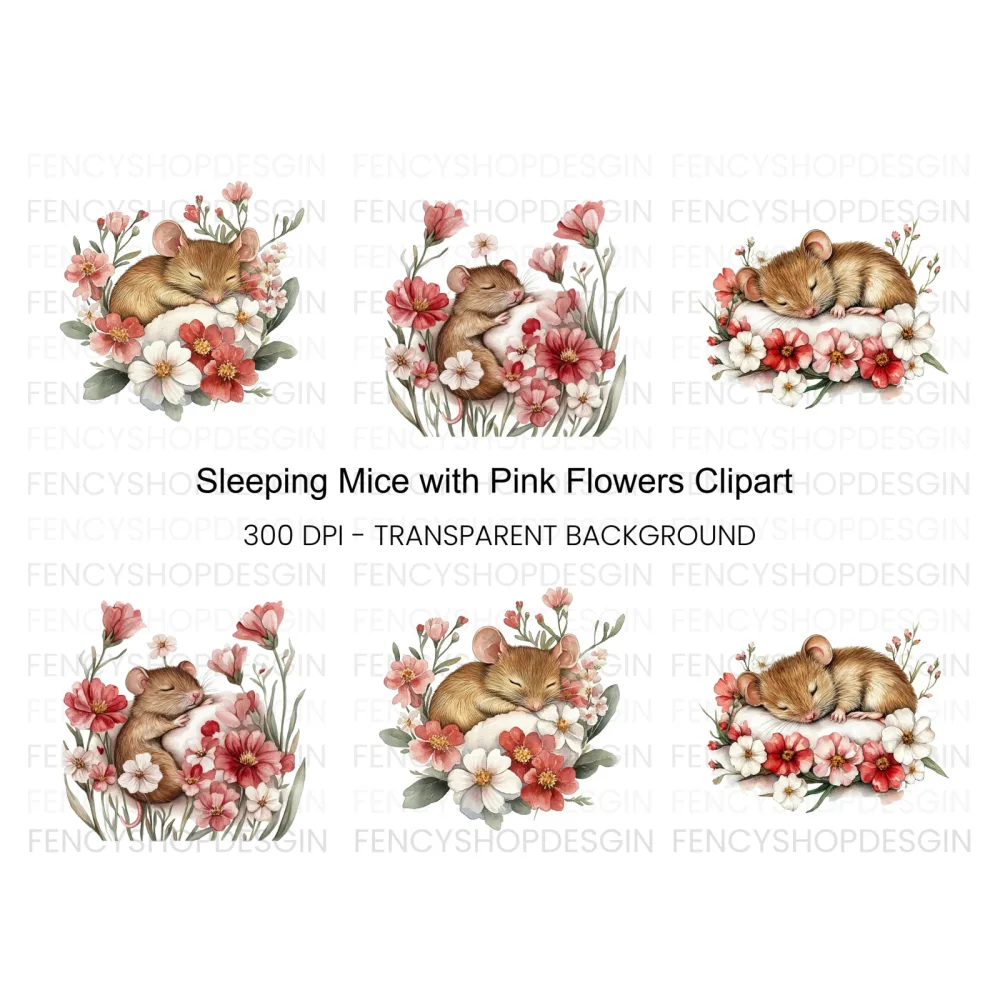 Sleeping Mice with Floral Arrangements Clipart Bundle