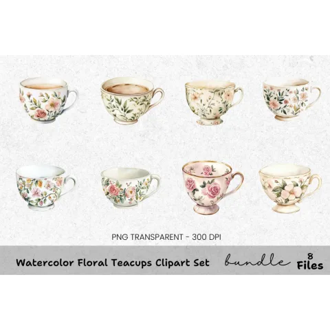 Floral Teacups Clipart Bundle