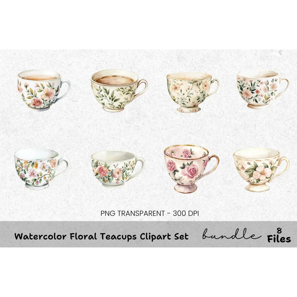 Floral Teacups Clipart Bundle