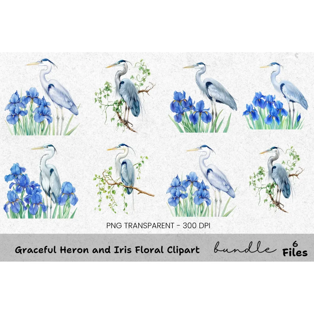 Graceful Heron and Iris Floral Clipart Bundle