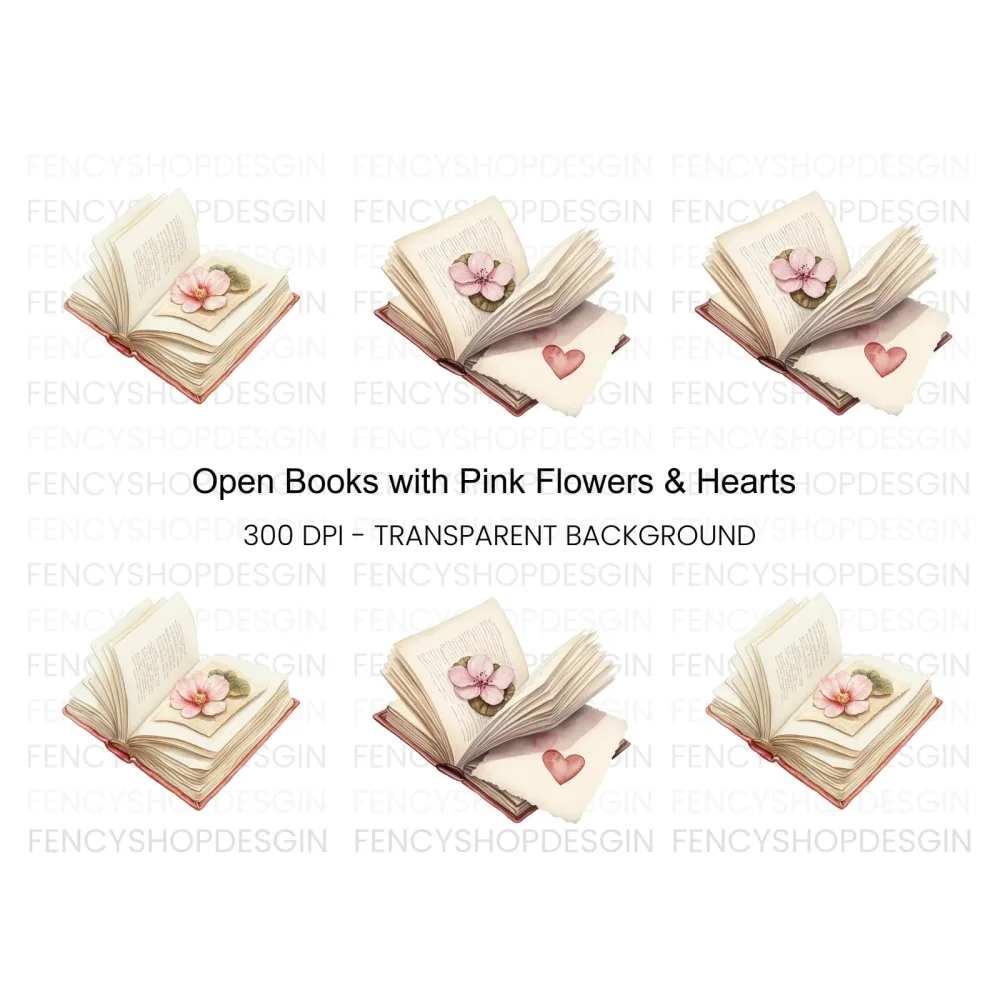 Open Books with Flowers and Hearts Clipart Bundle