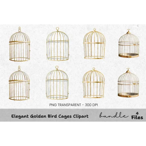 Elegant Golden Bird Cages Clipart Bundle