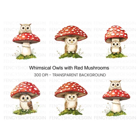 Whimsical Owls on Mushroom Clipart Bundle