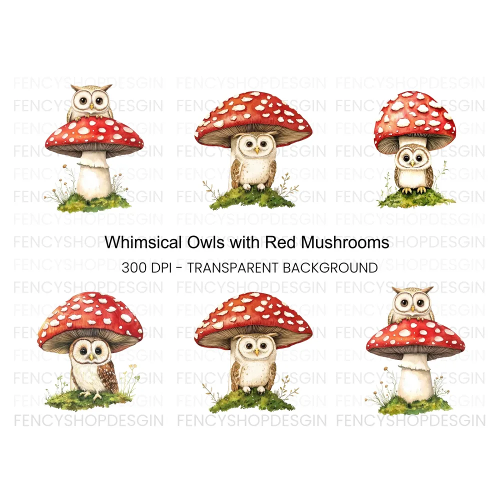 Whimsical Owls on Mushroom Clipart Bundle