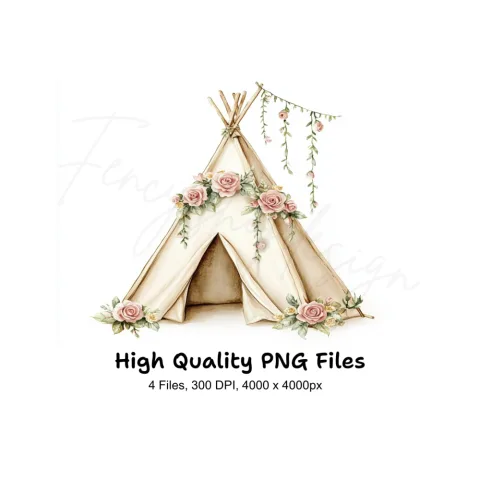 Boho Floral Teepee Clipart Bundle