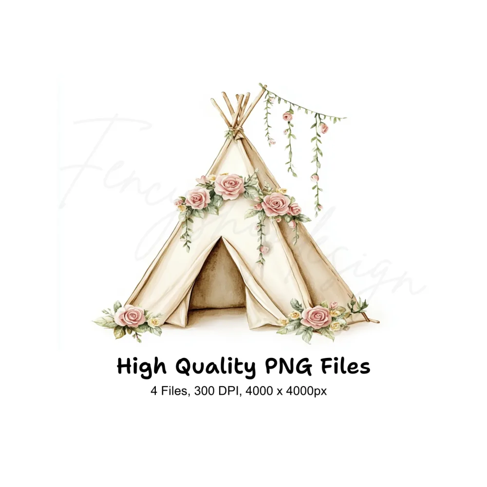 Boho Floral Teepee Clipart Bundle
