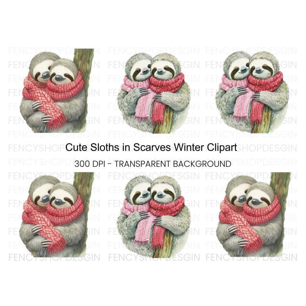 Cute Sloth Couple in Winter Scarves Clipart Bundle