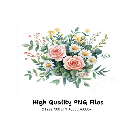 Roses and Daisies Bouquet Clipart Bundle