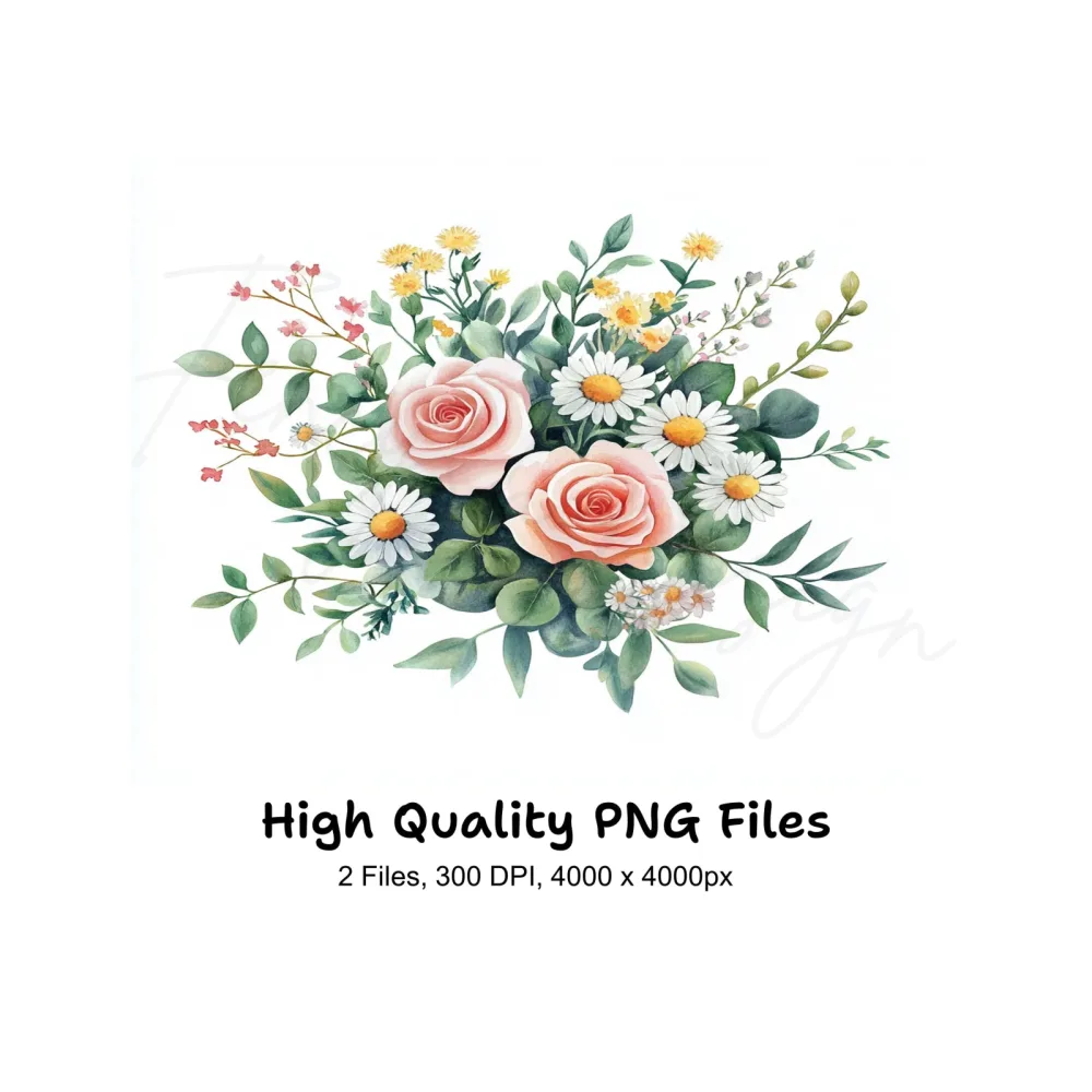 Roses and Daisies Bouquet Clipart Bundle