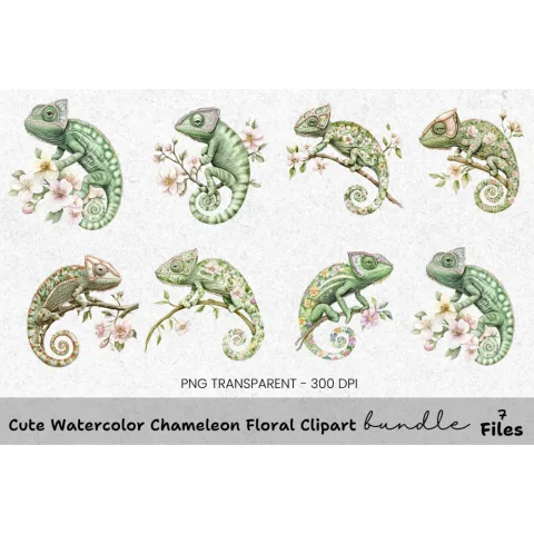 Cute Chameleon Floral Clipart Bundle