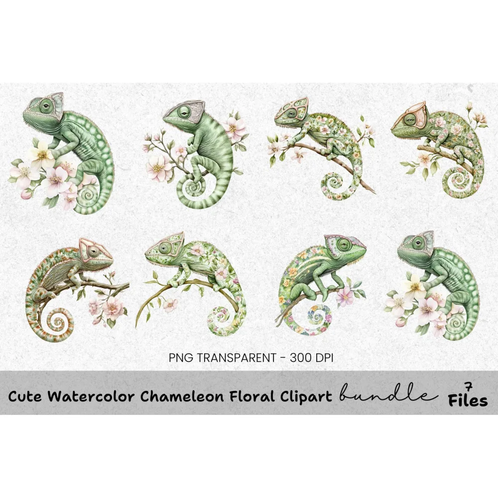 Cute Chameleon Floral Clipart Bundle