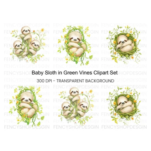 Baby Sloth in Vines Clipart Bundle