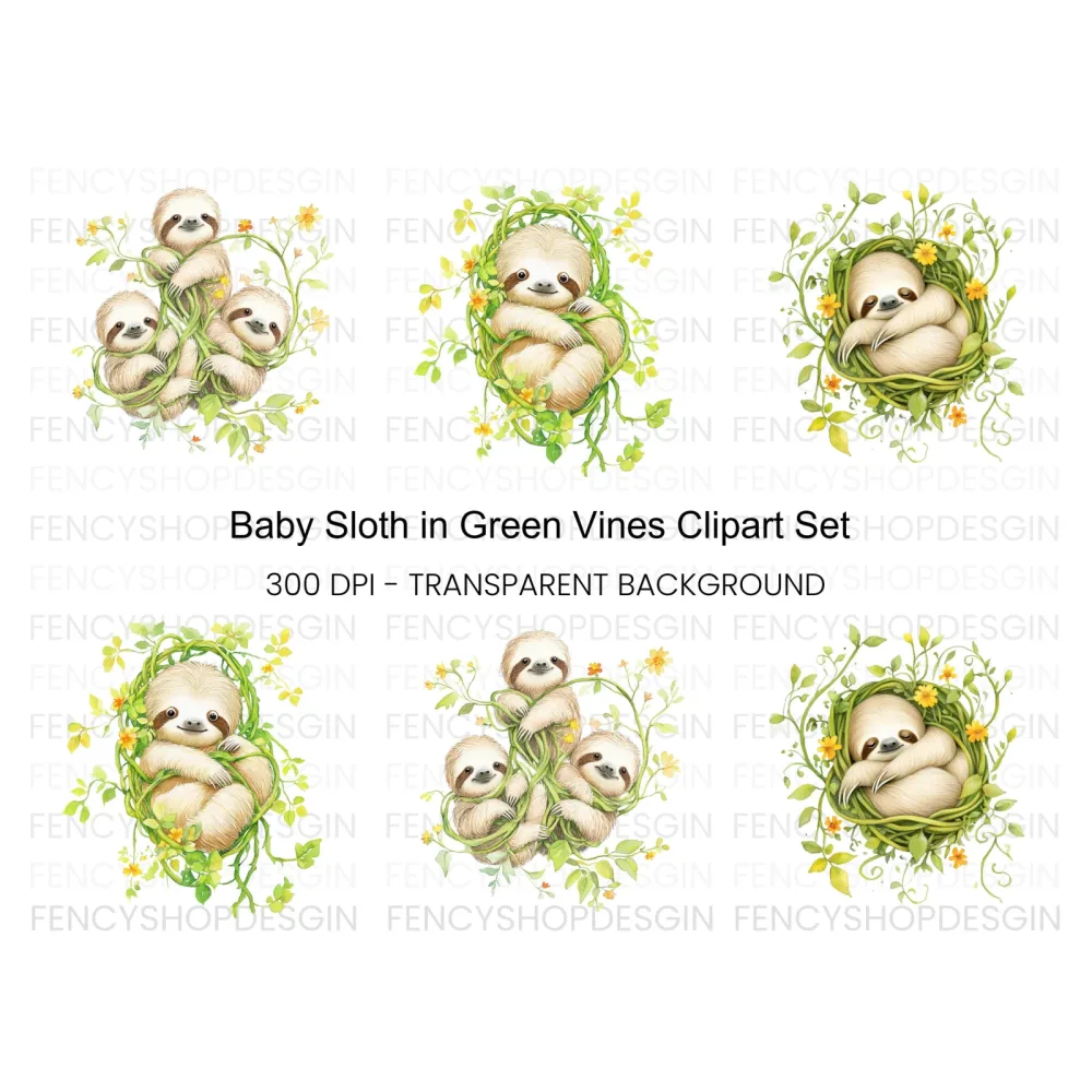 Baby Sloth in Vines Clipart Bundle