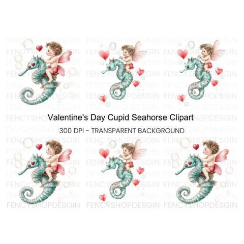 Cute Cupid Riding Seahorse Clipart Bundle