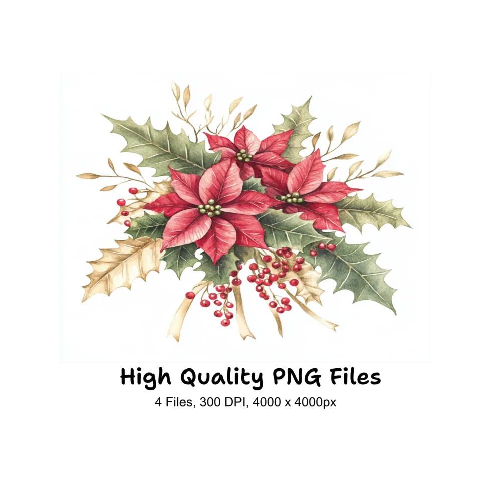 Poinsettia and Holly Christmas Clipart Bundle