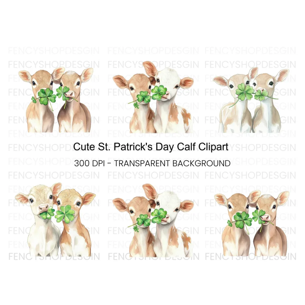 Cute Calves with Lucky Clover Clipart Bundle
