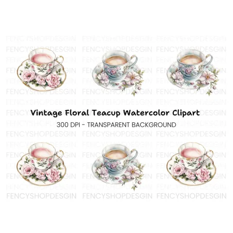 Charming Floral Teacups Clipart Bundle